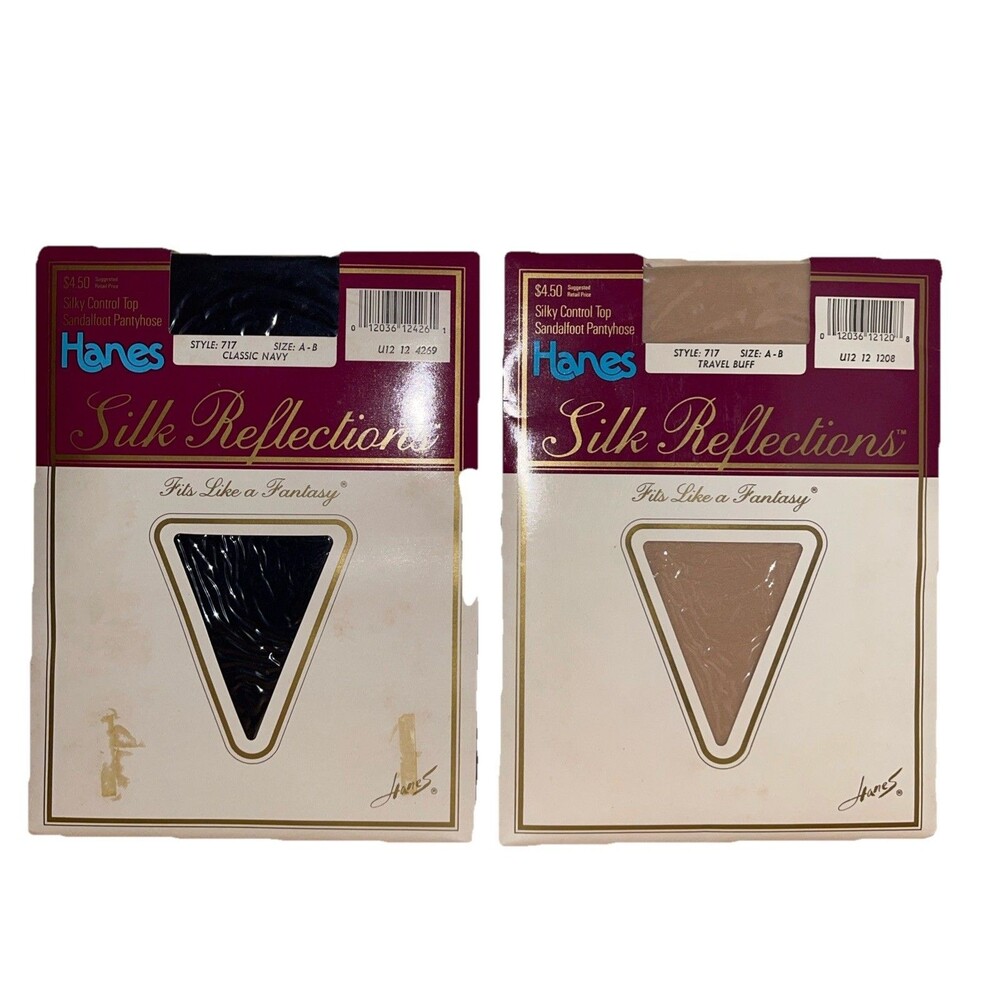 2 Hanes Silk Reflections Control Top Pantyhose Sandalfoot Navy Buff  Sty 717 A-B